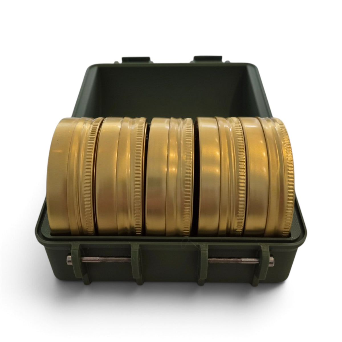 Olive pellet storage case open with rows of gold-colored round tins inside