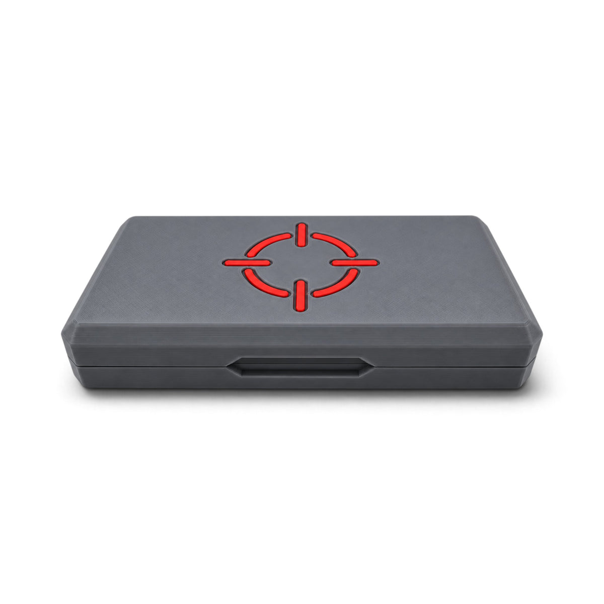 Grey magnetic pellet tin storage case with red crosshair logo and snap latch