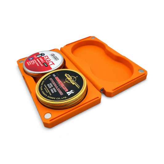 Orange magnetic pellet tin storage case, open with two pellet tins inside