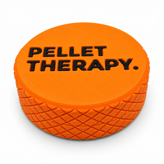 Orange screw-top pellet storage pot with “PELLET THERAPY” logo on lid.
