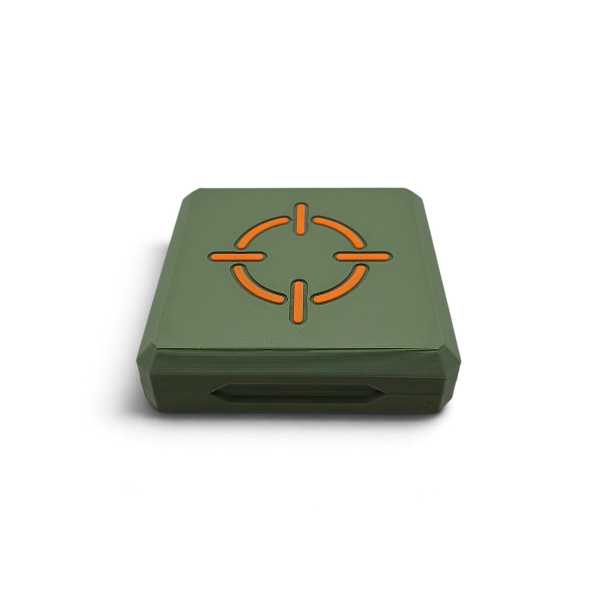 Olive green storage case with an orange crosshair emblem and front opening