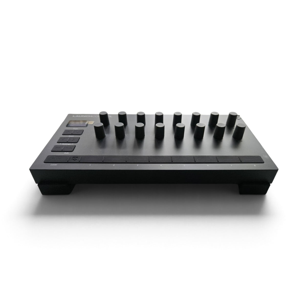 3D printed black stand with raised platform and cylindrical pegs for device controls