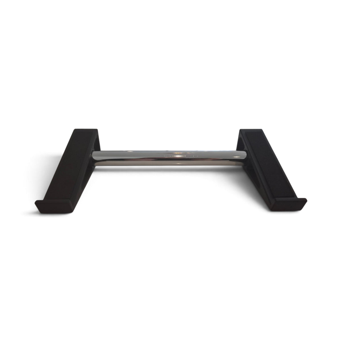 Black 3D-printed stand with metal bar support, open cradle design