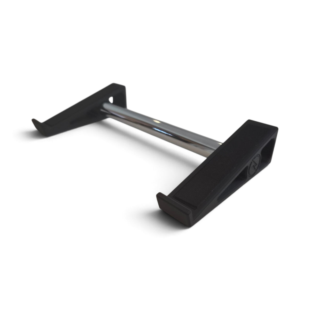 Black 3D-printed stand with chrome-colored center bar and angled side supports