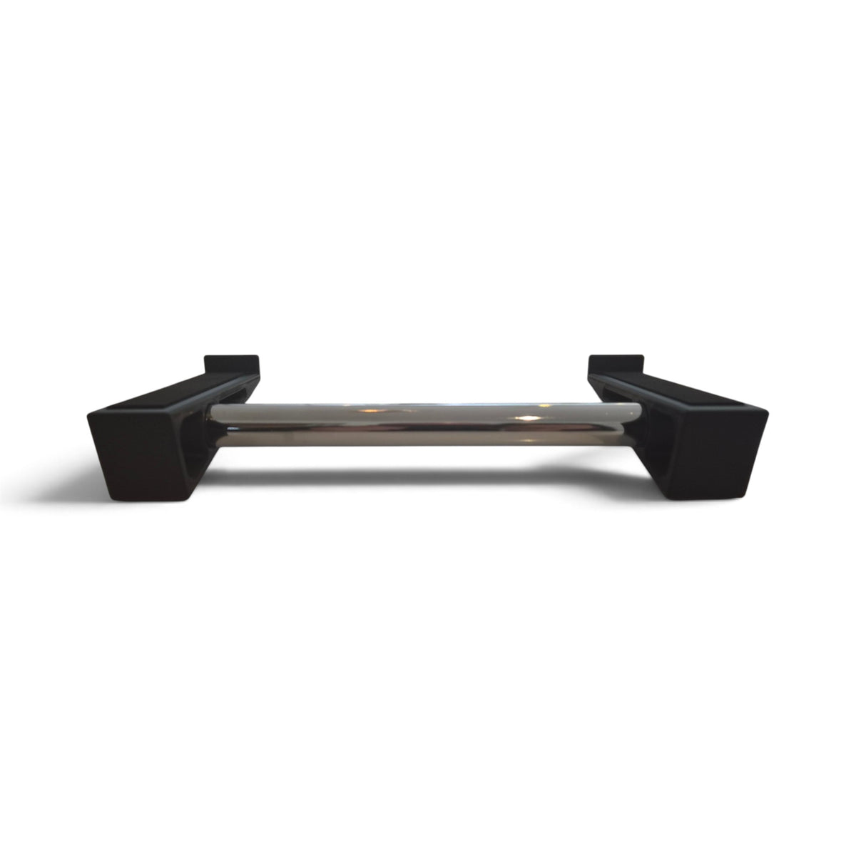 Black cradle stand with horizontal chrome bar and two angled end feet