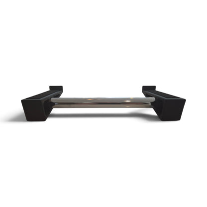 Black cradle stand with horizontal chrome bar and two angled end feet
