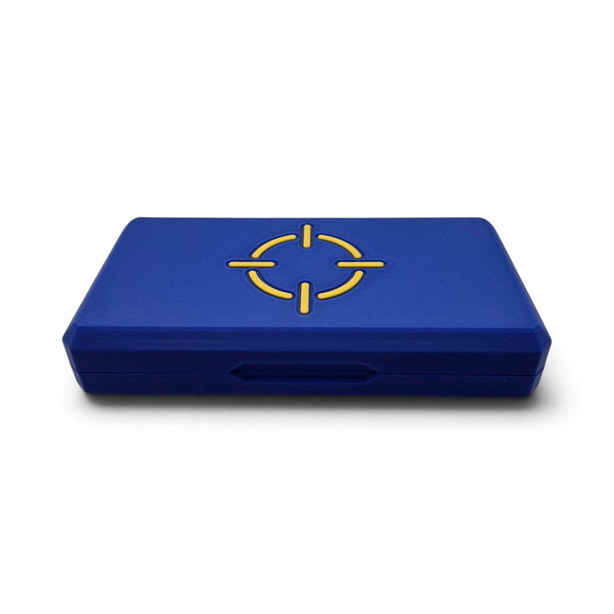 Blue magnetic pellet tin storage case with yellow crosshair logo and snap latch
