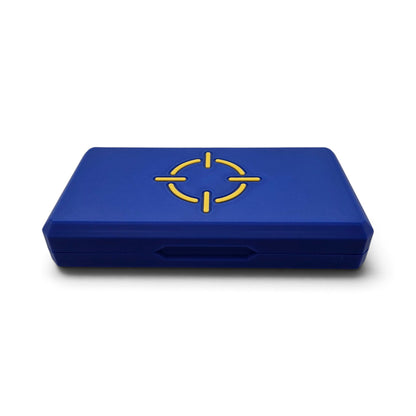 Blue magnetic pellet tin storage case with yellow crosshair logo and snap latch