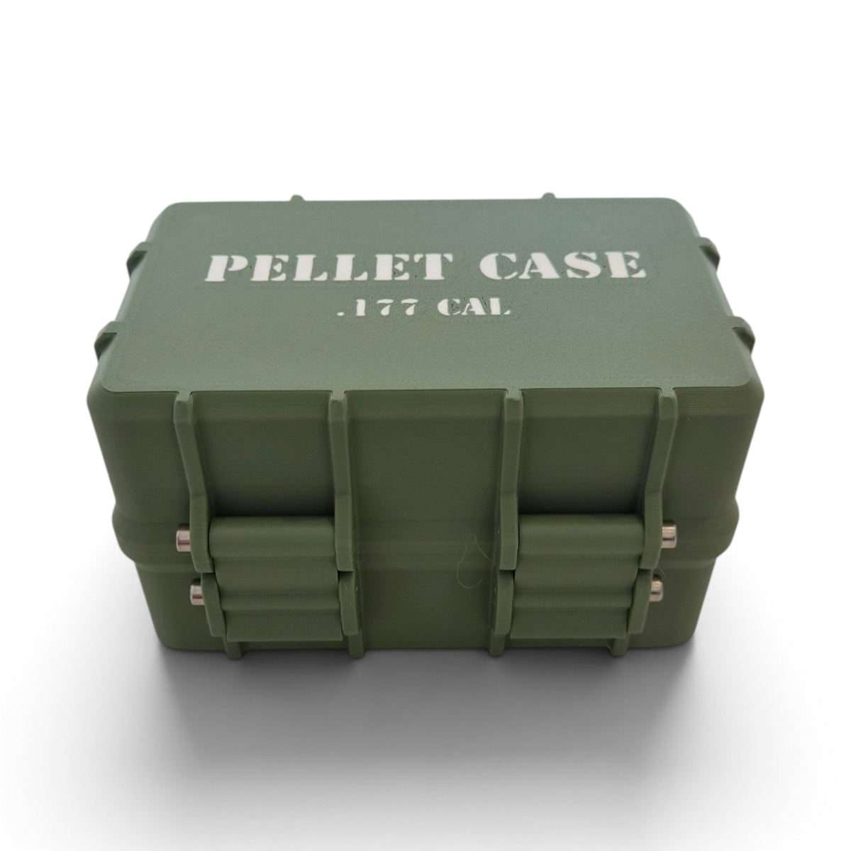 Green hard-sided pellet storage case with central strap and molded carry handles