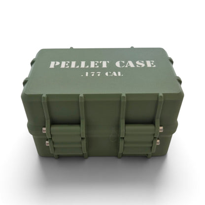 Green hard-sided pellet storage case with central strap and molded carry handles