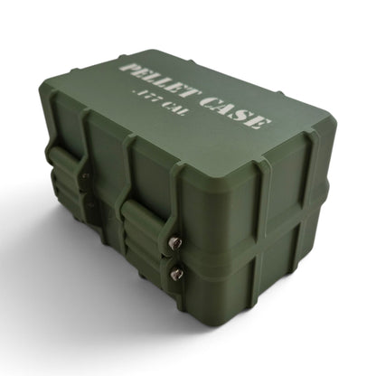 Olive green pellet storage case with latches and molded side corner details