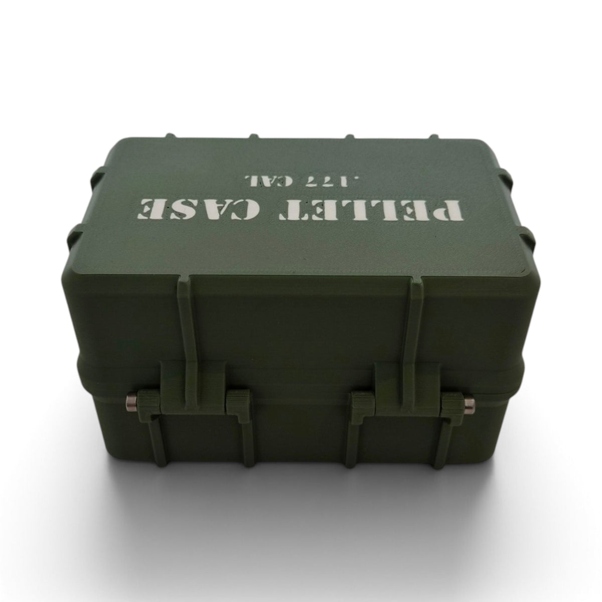 Olive green pellet storage case front view with molded latches and handle loops