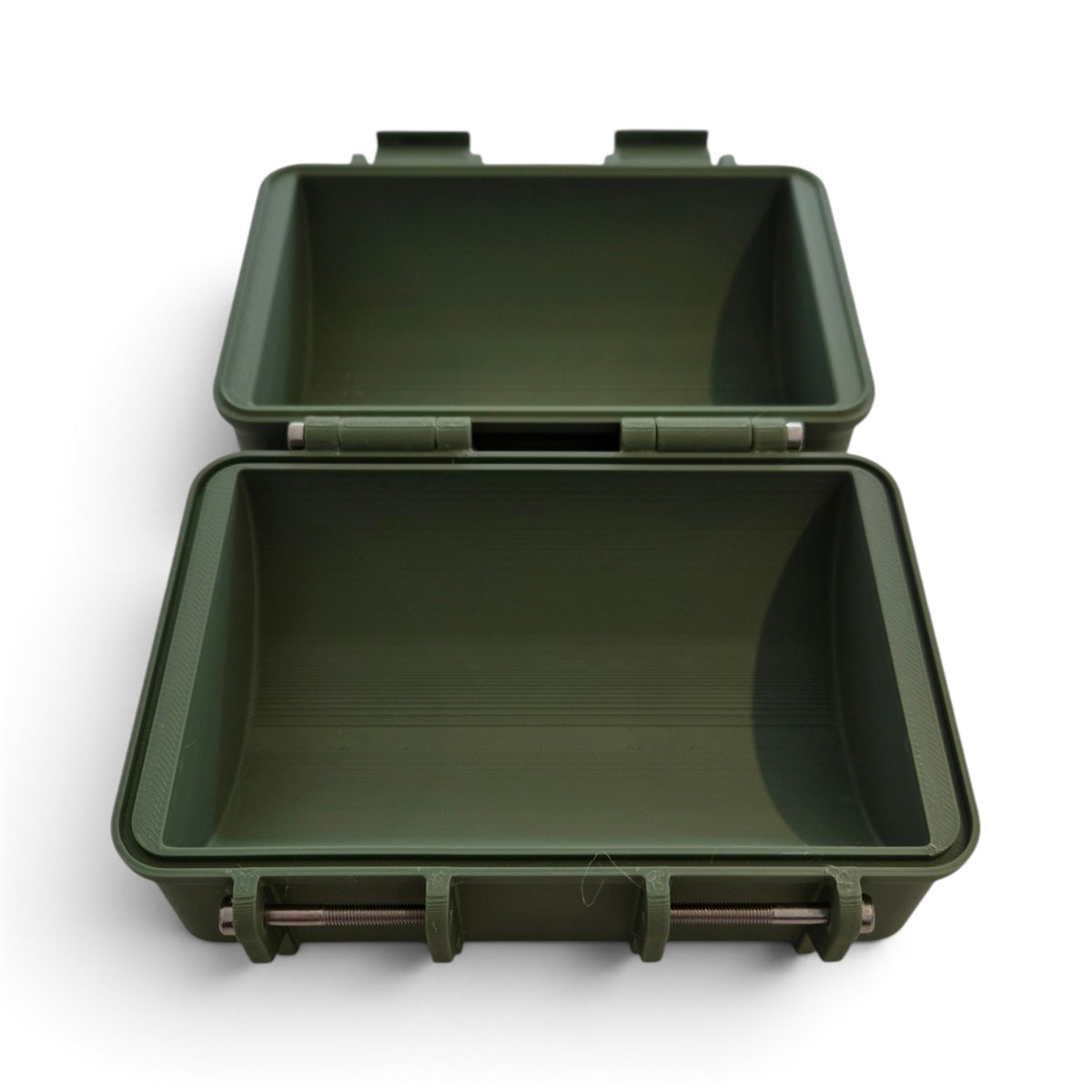 Olive green pellet storage case open with two stacked empty compartments