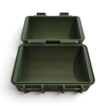 Olive green pellet storage case open with two stacked empty compartments