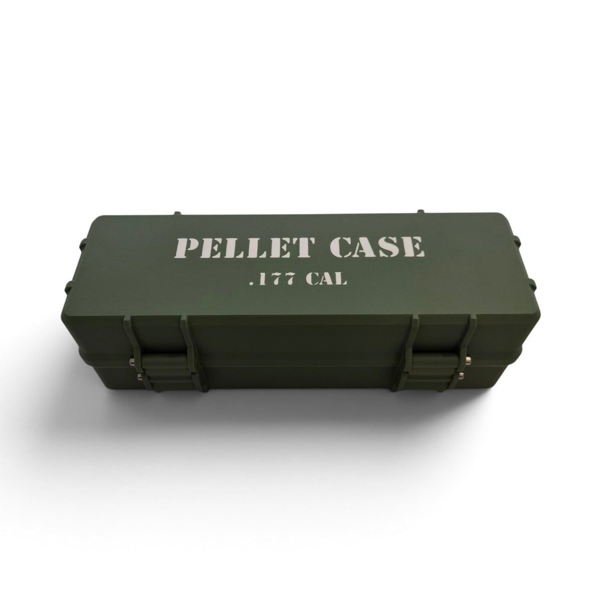 Green hard pellet storage case with raised top text and side latch hardware