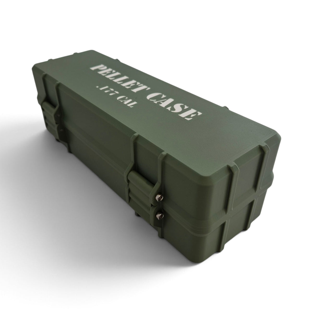 Olive green pellet storage case angled view with molded latches on the end