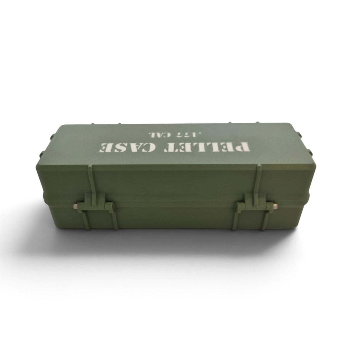 Olive green pellet storage case top side with molded latches and recessed strap