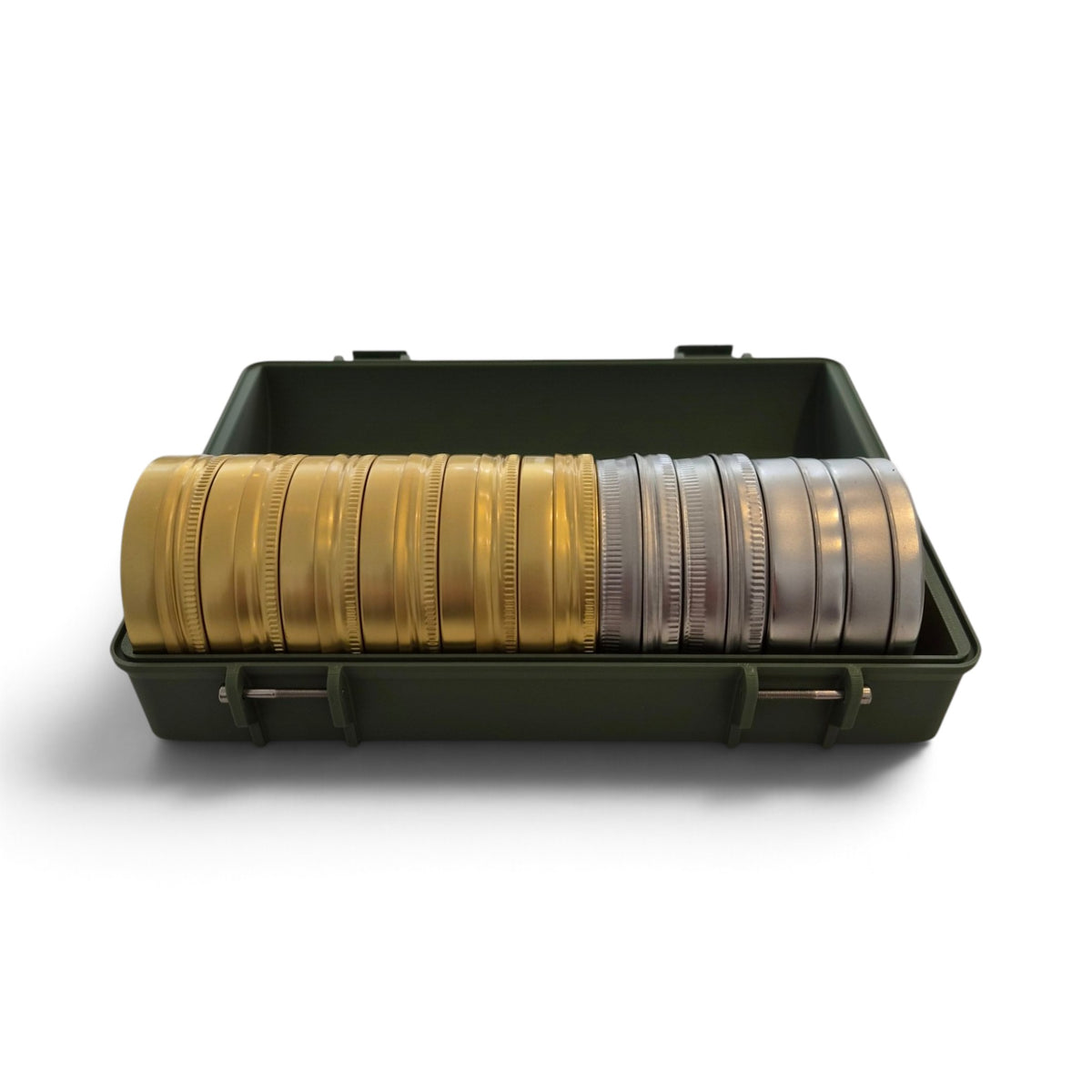 Olive green pellet storage case open showing row of mixed-colored cartridge tins