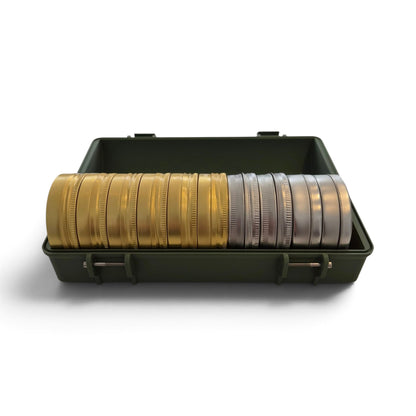 Olive green pellet storage case open showing row of mixed-colored cartridge tins