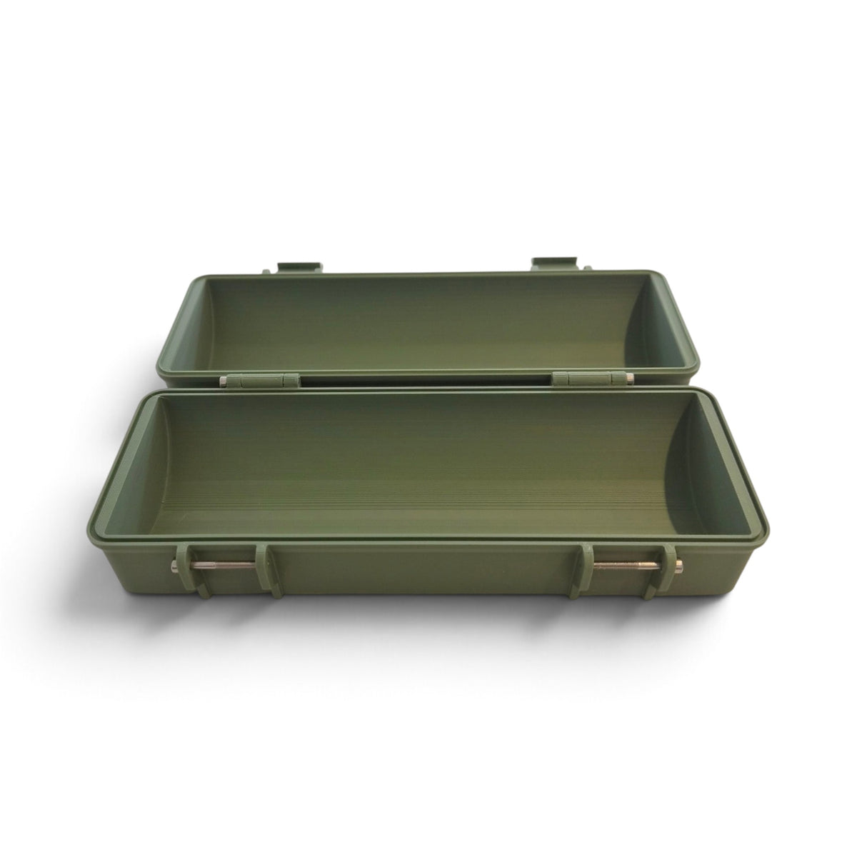 Olive green pellet storage case open showing two empty interior trays