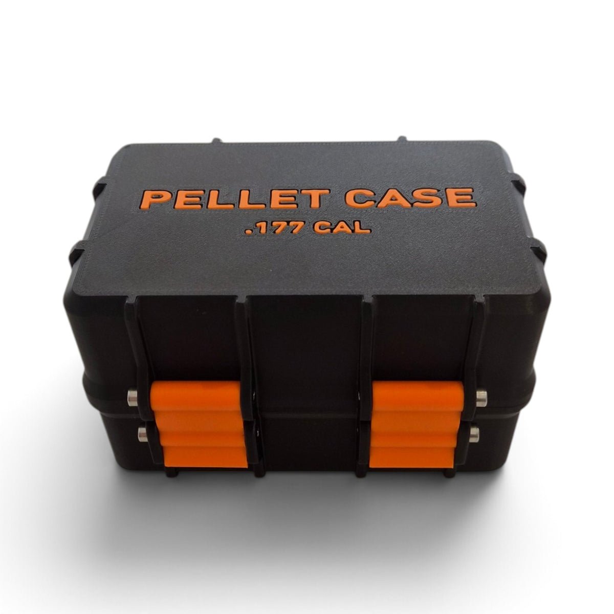Black pellet storage case with orange inserts and orange “PELLET CASE .177 CAL” label