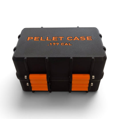 Black pellet storage case with orange inserts and orange “PELLET CASE .177 CAL” label