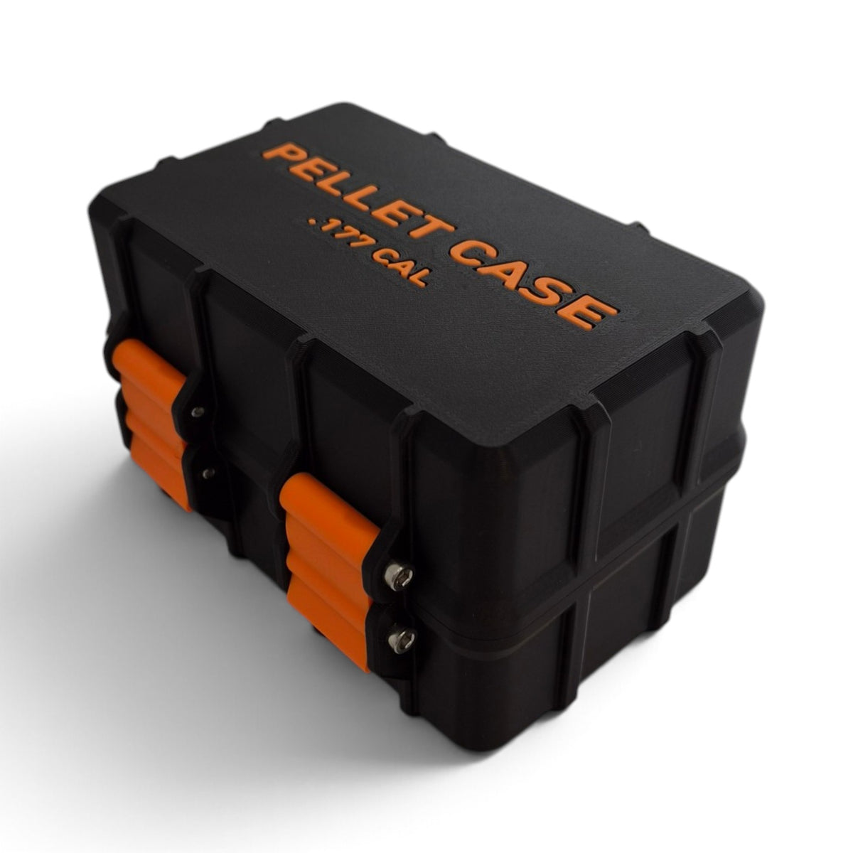 Black pellet storage case with orange side inserts and orange “PELLET CASE .177 CAL” text