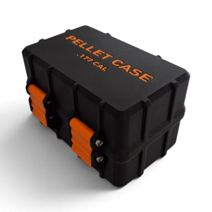 Black pellet storage case with orange side inserts and orange “PELLET CASE .177 CAL” text