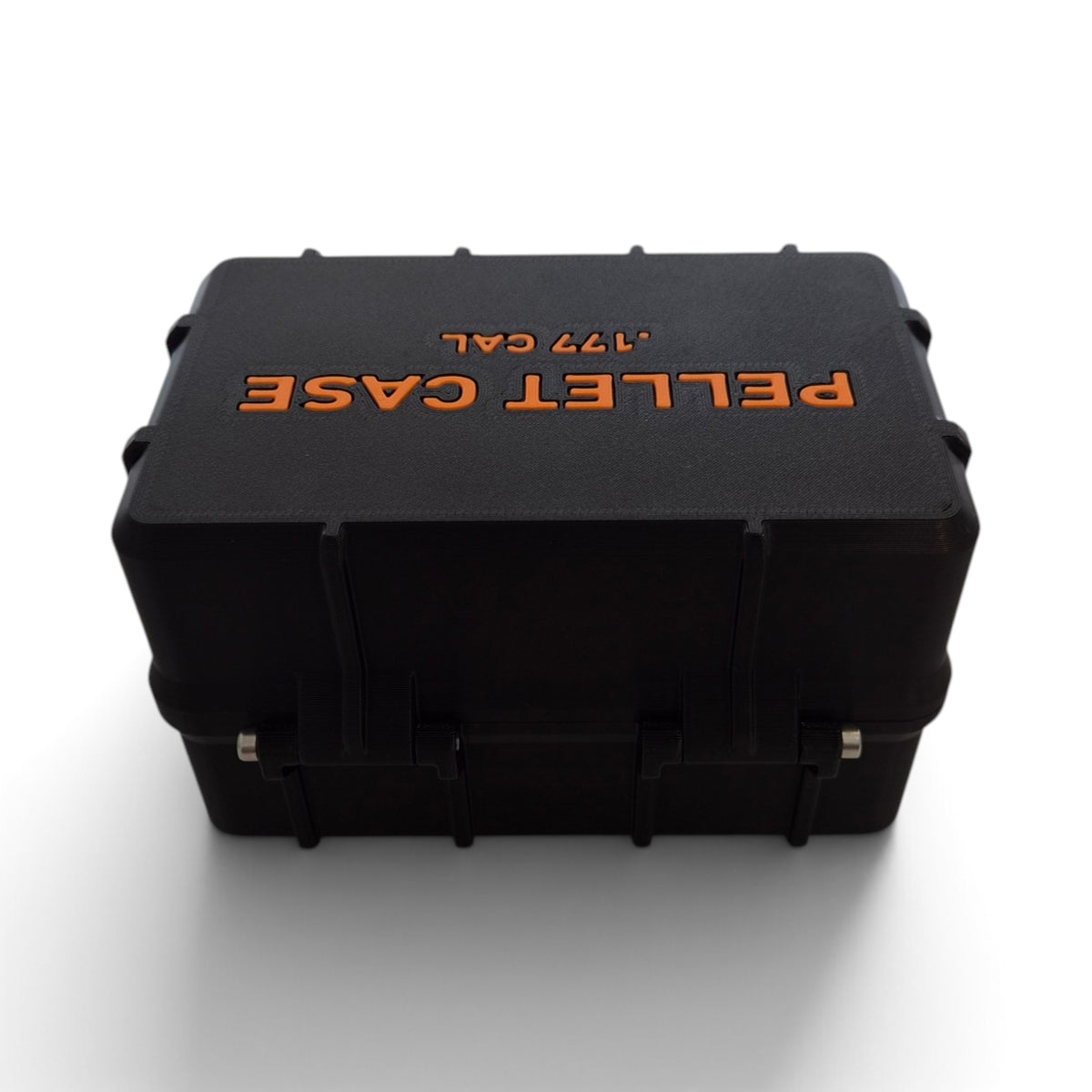 Black pellet storage case with orange “PELLET CASE .177 CAL” label on lid