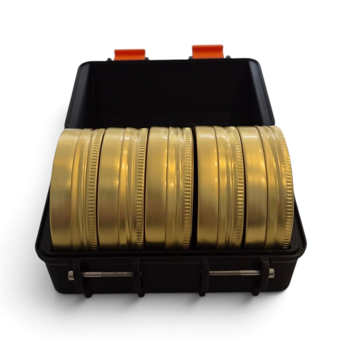 Black pellet storage case with hinged lid open; gold cartridge tins visible inside