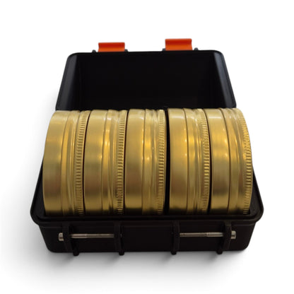 Black pellet storage case with hinged lid open; gold cartridge tins visible inside