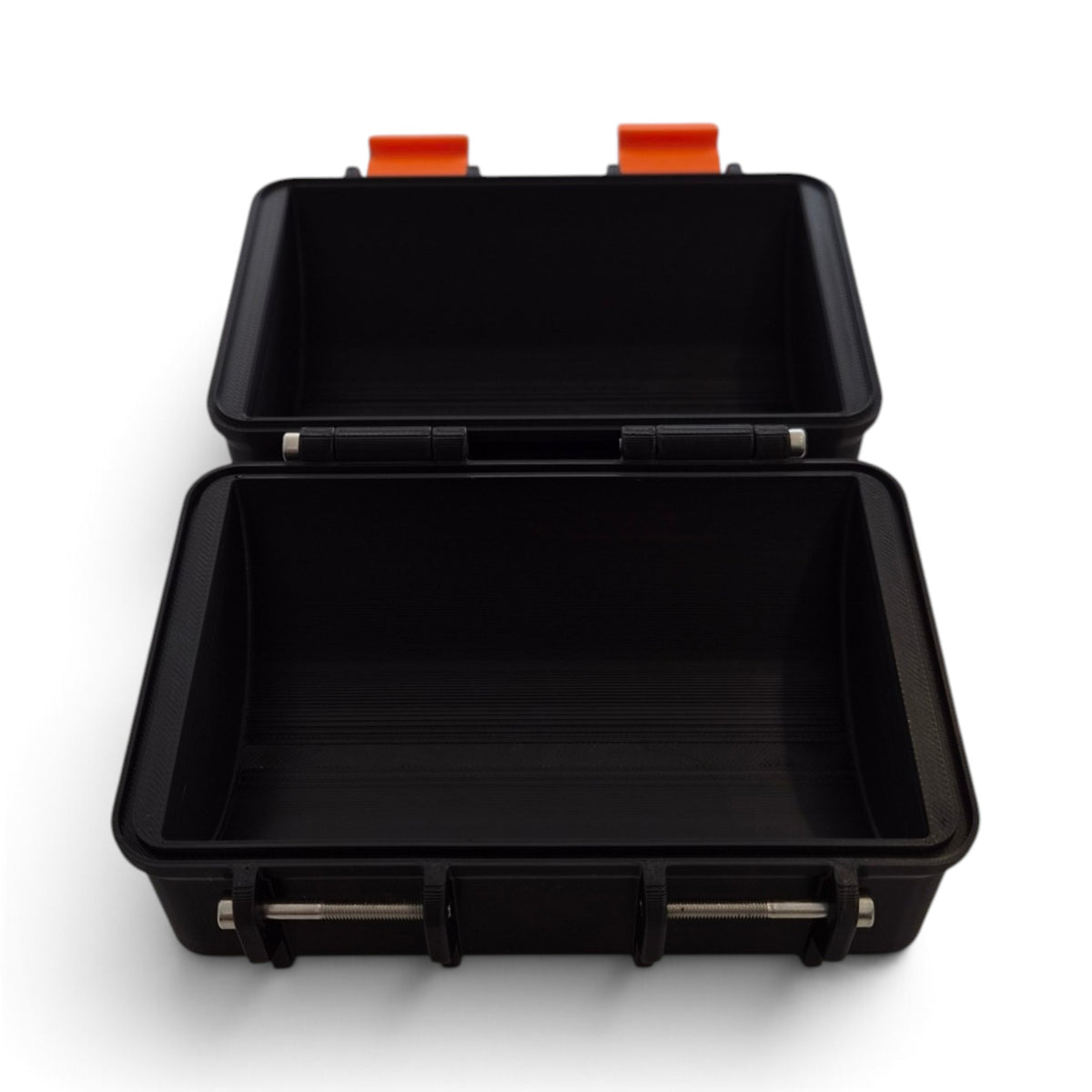 Black pellet storage case with lid open, empty interior and latch hardware