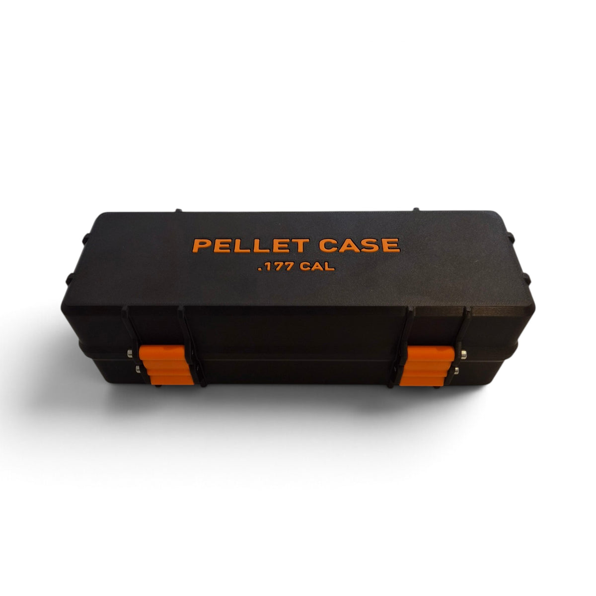 Black pellet storage case with orange accents and orange “PELLET CASE .177 CAL” label