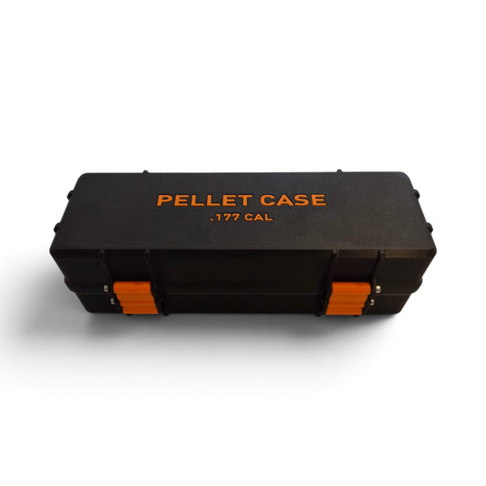 Black pellet storage case with orange accents and orange “PELLET CASE .177 CAL” label
