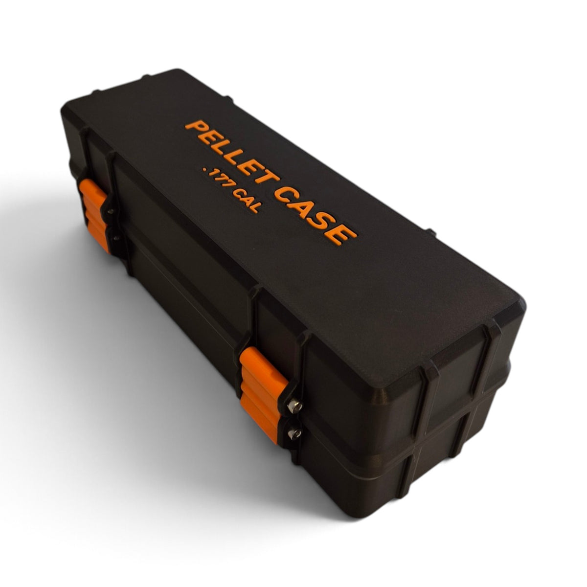 Black pellet storage case angled view with orange side inserts and orange “PELLET CASE .177 CAL”