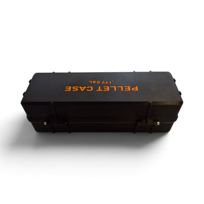 Black pellet storage case with orange “PELLET CASE .177 CAL” label on top