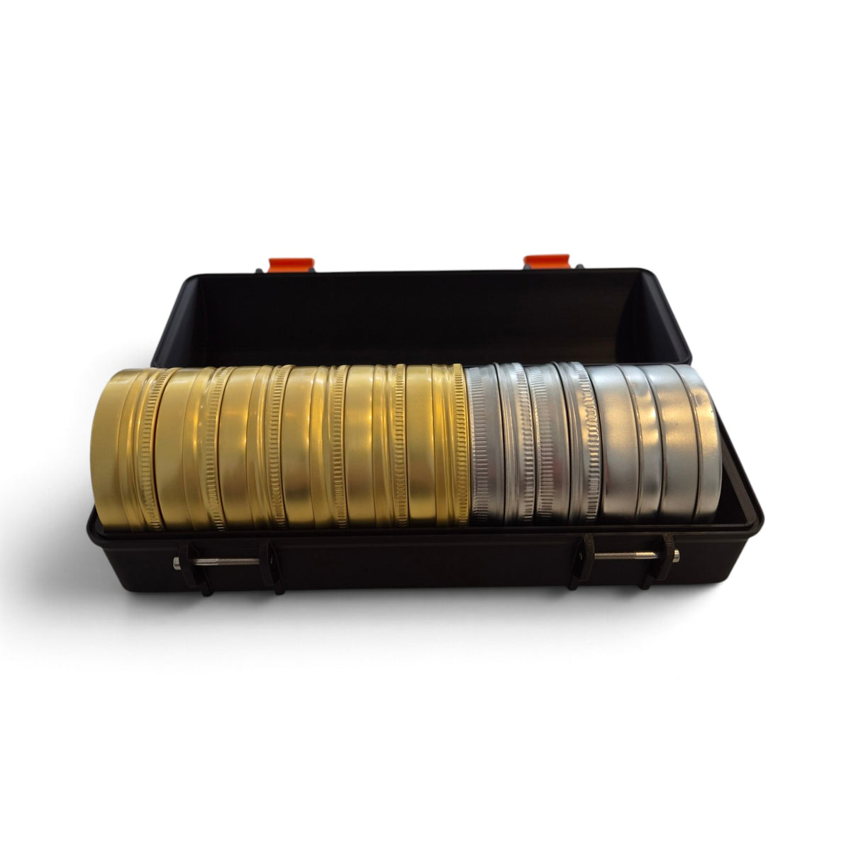 Black pellet storage case with lid open; gold tins laid inside