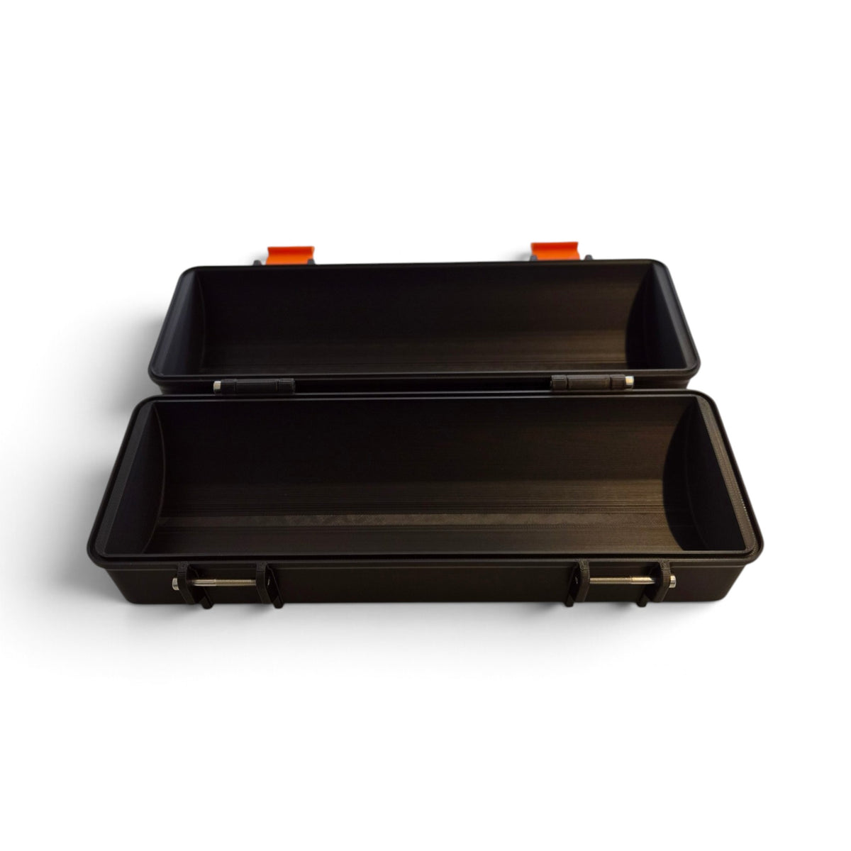 Black pellet storage case with lid open and empty compartment, orange latches on top