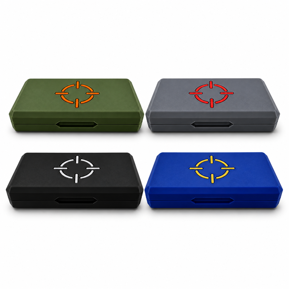 Four magnetic pellet tin storage cases with crosshair logos on lids