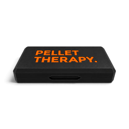 Black metal pellet tin storage case with orange Pellet Therapy lid text