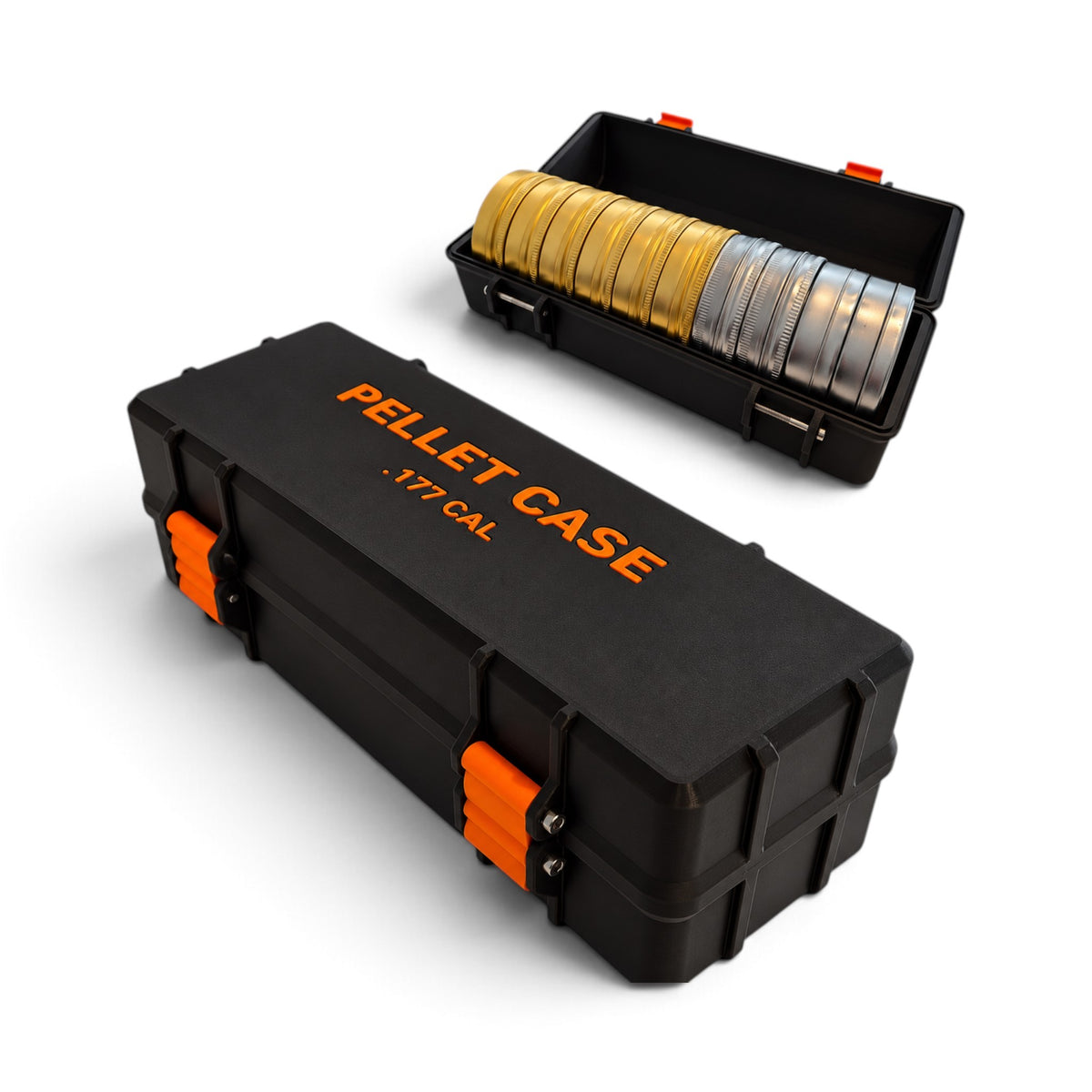 .177 pellet tin storage case in black with orange latches and lettering; open case holds tins