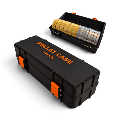 .177 pellet tin storage case in black with orange latches and lettering; open case holds tins
