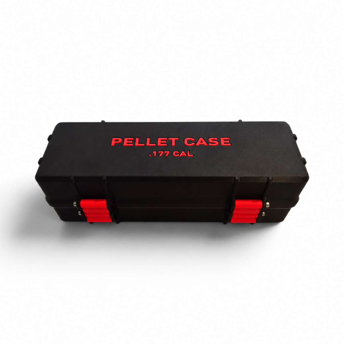 Black pellet storage case with red inserts and red “PELLET CASE .177 CAL” label