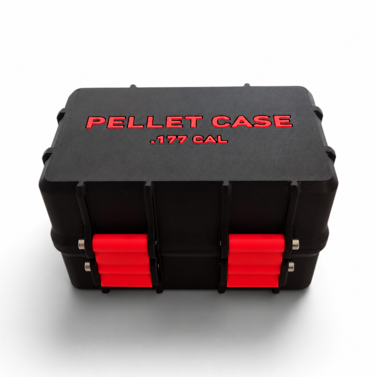 Black pellet storage case with red inserts and red “PELLET CASE .177 CAL” on lid