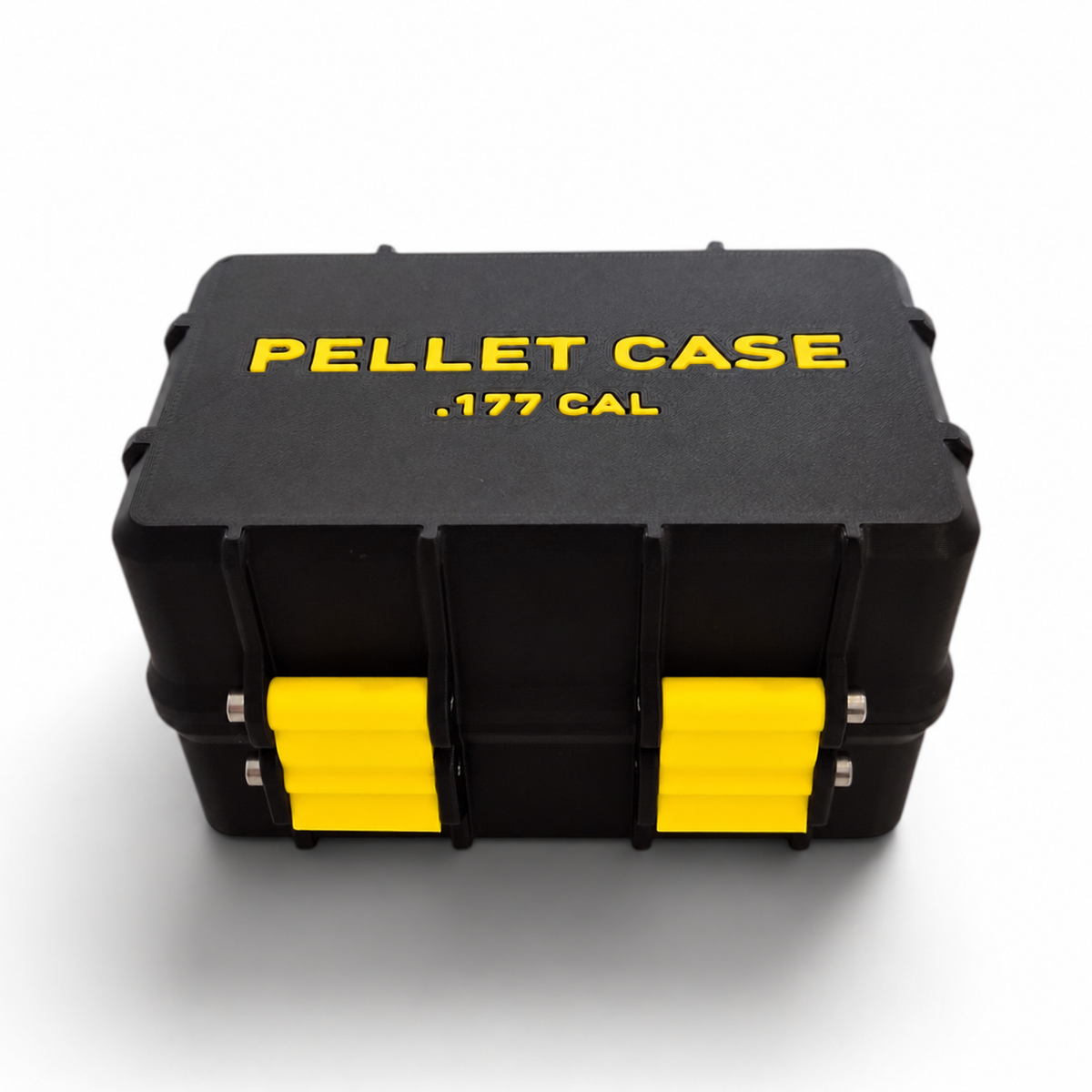 Black pellet storage case with yellow inserts and yellow “PELLET CASE .177 CAL” label