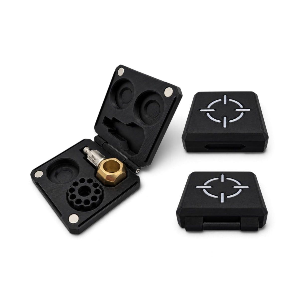 Air Arms magazine and fill probe storage case, open with foam inserts and brass fitting