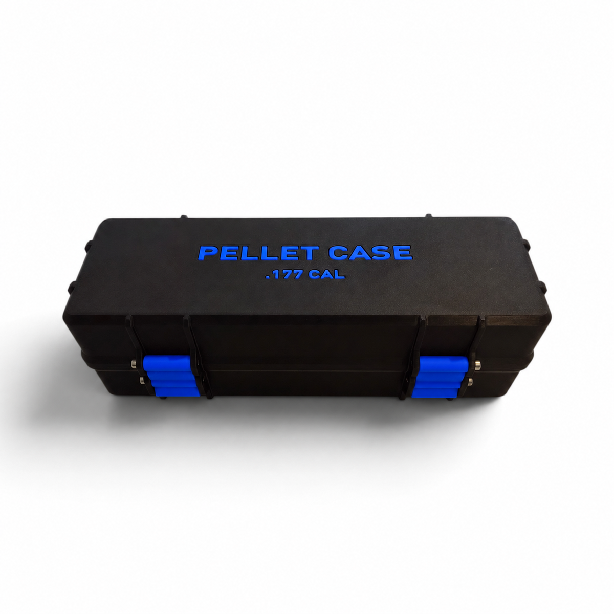 Black pellet storage case with blue inserts and blue “PELLET CASE .177 CAL” label