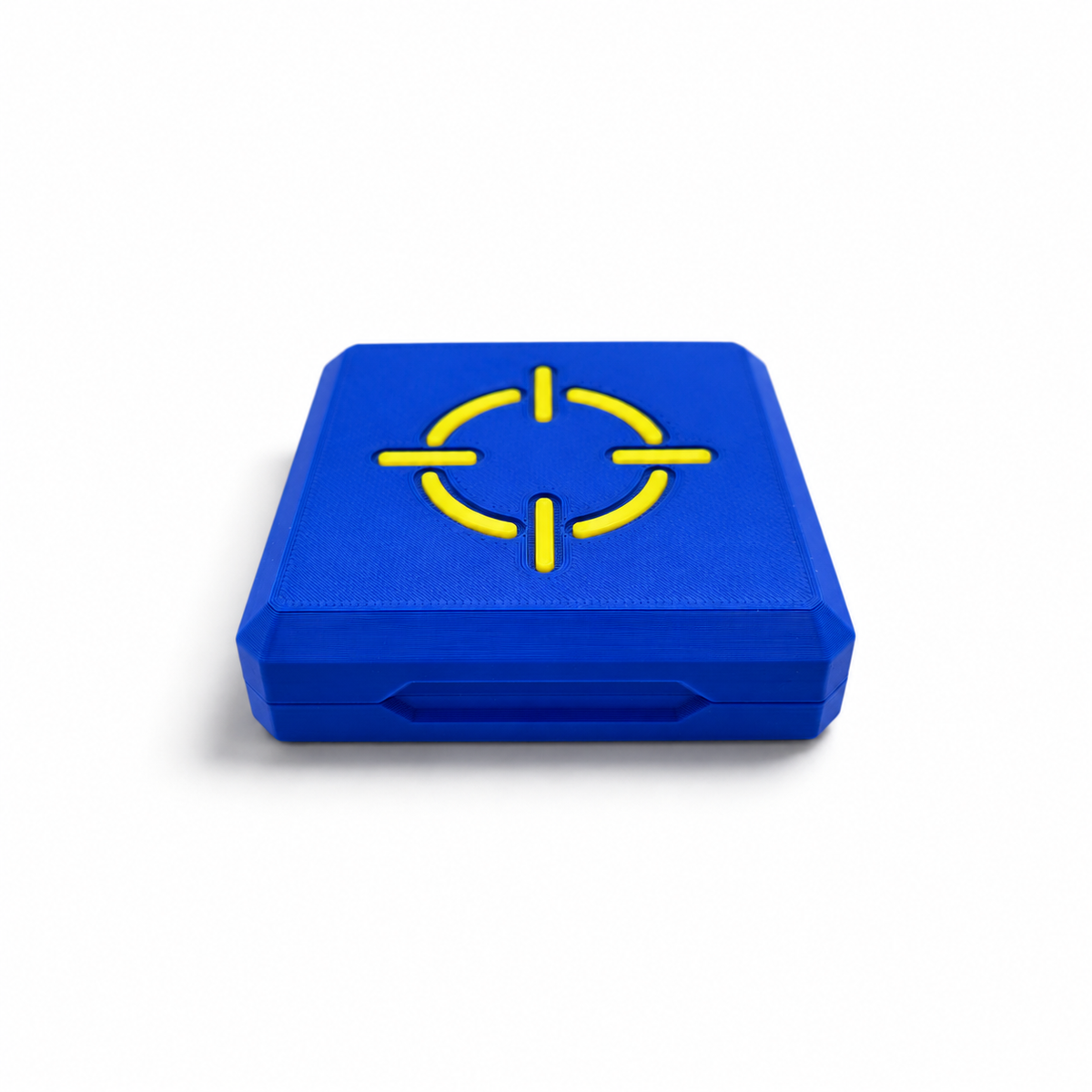 Blue magnetic storage case with yellow crosshair icon