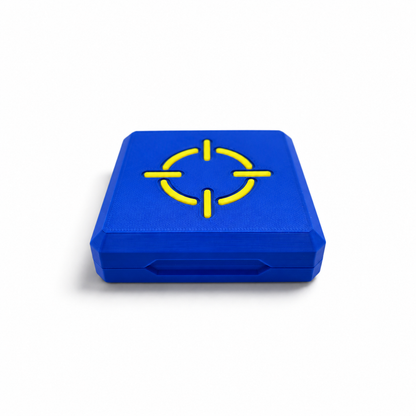 Blue magnetic storage case with yellow crosshair icon