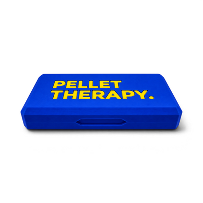Blue pellet tin storage case with Pellet Therapy logo on the lid